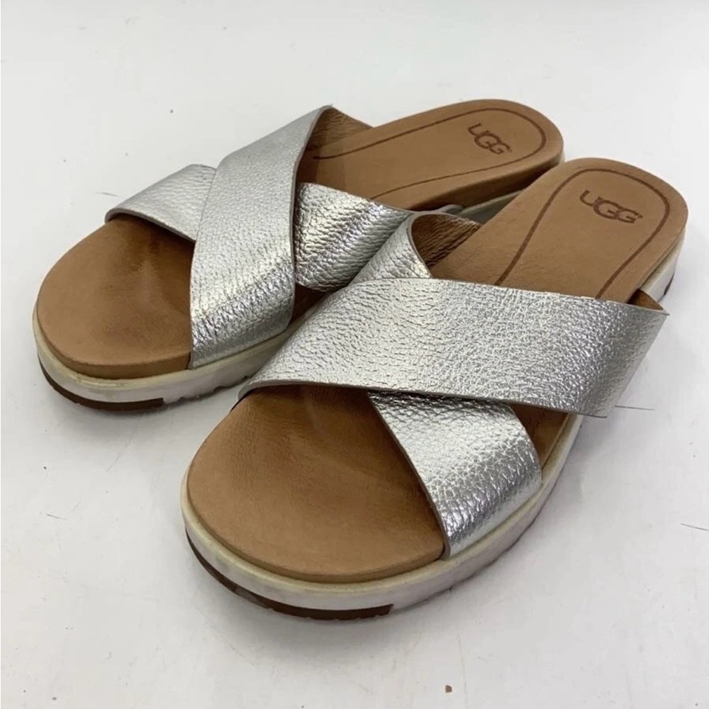 UGG Kari Flat Metallic Silver Cross-Band Slide Sandals for Women